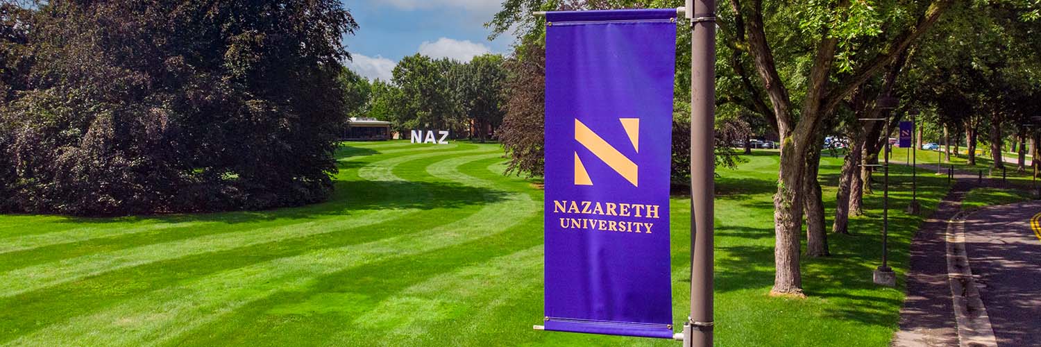 purple lightpost banner with Nazareth University logo