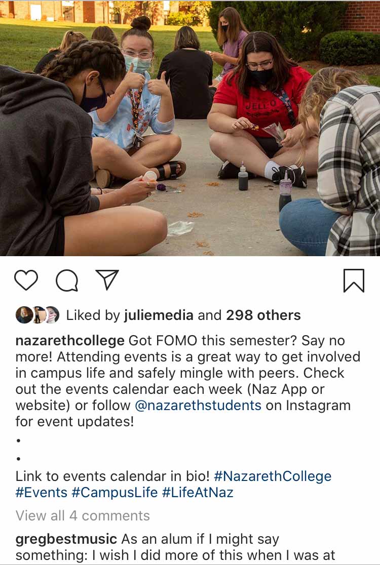 group of students sitting on campus, @nazarethstudents post
