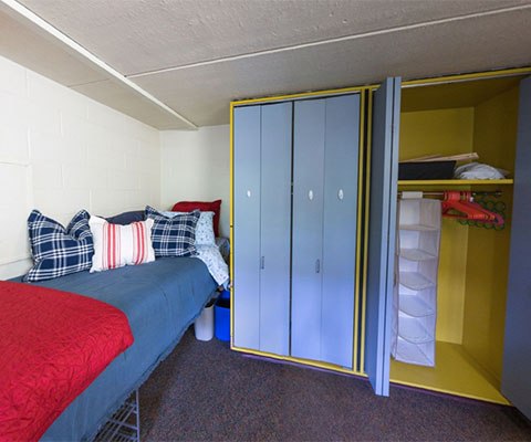 360-degree panorama view of a typical residence hall room in O'Connor