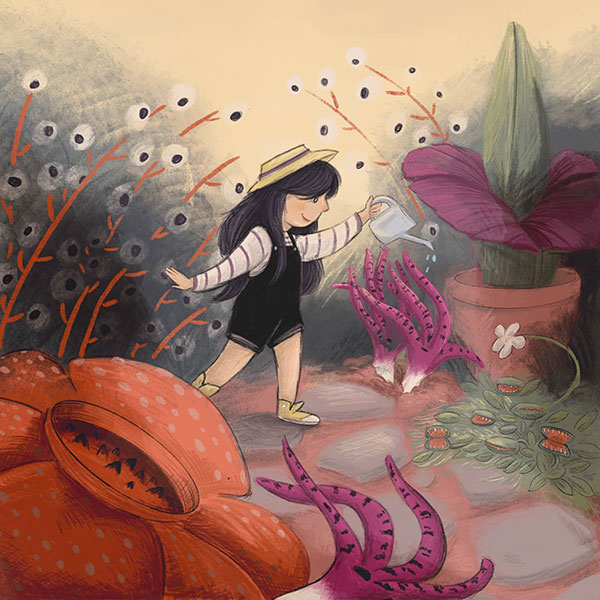 illustration of a young girl watering undersea plants