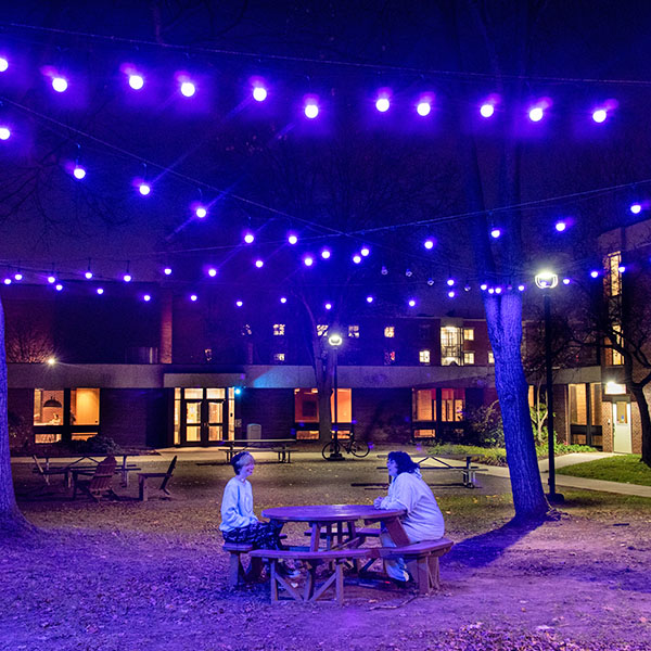 students sitting at a picnic table under purple lights